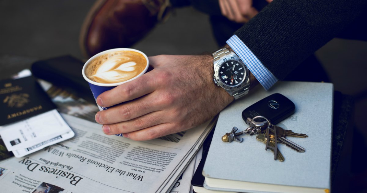 Rolex Explorer Watch on Figure, Holding a Latte