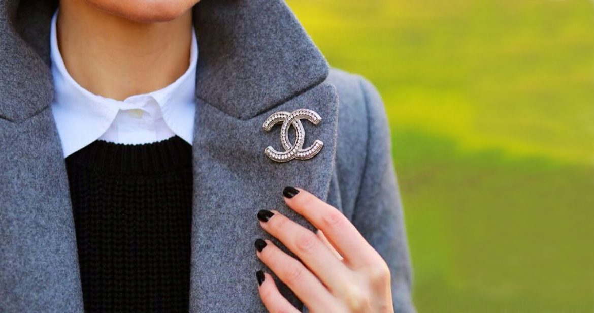 Fall grey wool winter coat with Chanel C&C brooch