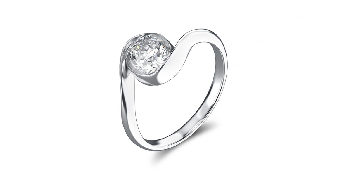 3D illustration silver ring bypass with diamond on a white background