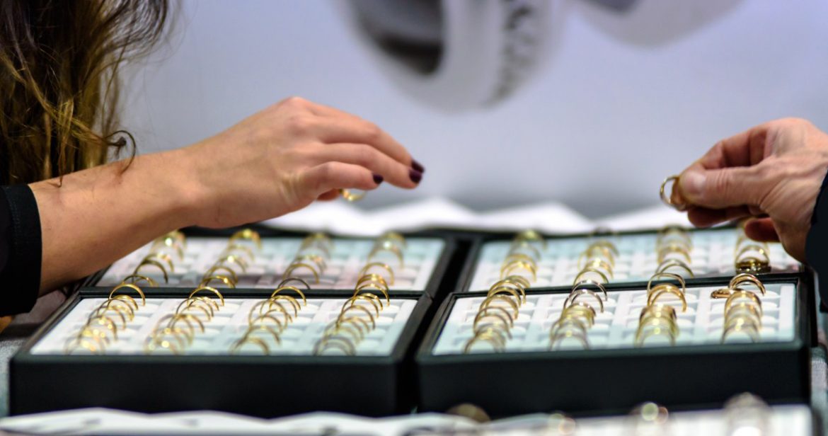 Engagement ring shopping at a jewelry store