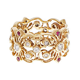 Vintage 1960 Open Work Wide Band With Rubies & Diamonds 14k Yellow Gold
