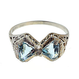 14K White Gold 1.00ct Aqua & 0.01ct Diamond Double Triangle Filigree Ring Size 7
