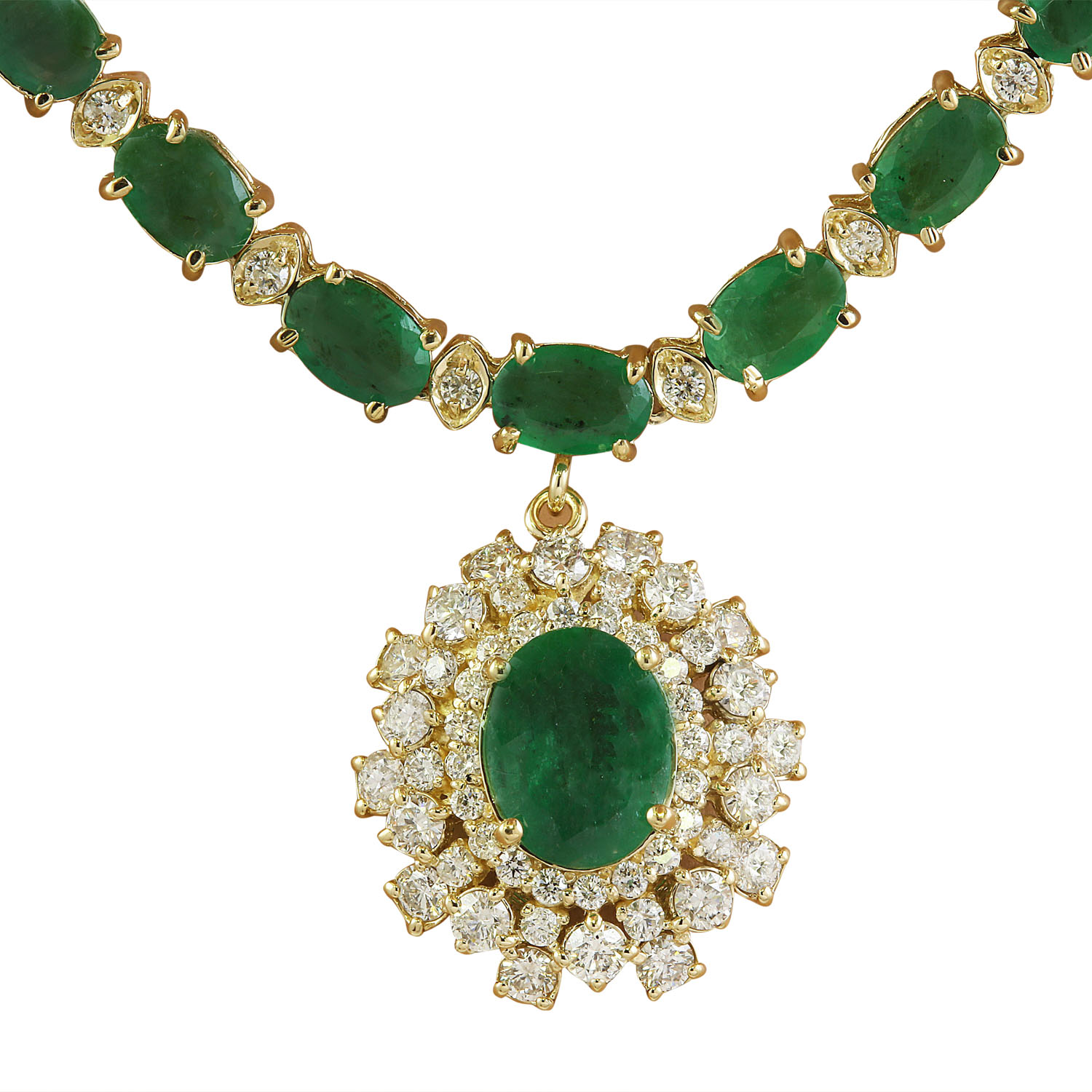 30.90 Carat Emerald 14K Yellow Gold Diamond Necklace