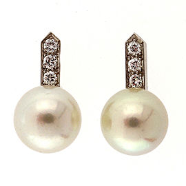 Art Deco 14K White Gold Cultured Silvery Pearl and Diamond Vintage Earrings