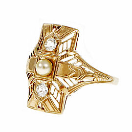 Vintage 14K Yellow Gold Cultured Pearl & 0.14ct Diamond Filigree Ring Size 7.5