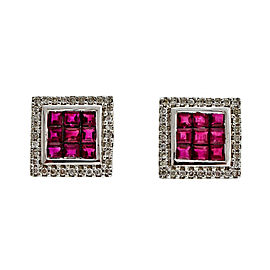 18K White Gold Square .90ct Ruby & 0.25ct Diamond Earrings
