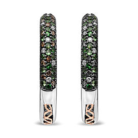18K White Gold 1.00 Cttw Brown and White Diamond and 1.3mm Round Green Tsavorite Gemstone Inside Outside Hoop Earrings (Brown and G-H Color, SI1-SI2 Clarity)