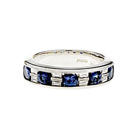Platinum with Round Sapphire & Baguette Diamond Band Ring Size 6.5