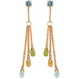 14K Solid Rose Gold Chandelier Earrings with Blue Topaz, Citrines & Peridots