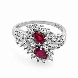 True 14K White Gold Pear Shaped Ruby & Diamond Cocktail Ring Size 9.75