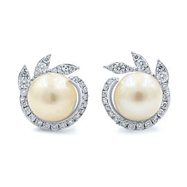 True 14K White Gold Fresh Water Natural Pearl Diamond Stud Earrings 0.42cttw