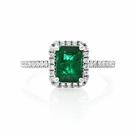True 18K White Gold Green Emerald Diamond Halo Engagement Ring 1.02cts