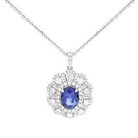 True 18K White Gold Oval Blue 3.37ct Sapphire & Diamond Necklace