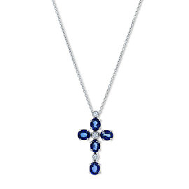 True White Gold Round Cut Diamond Blue Sapphire Cross Pendant Necklace