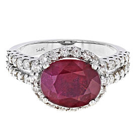 True Oval Ruby 4.15cts Diamond Halo Split Shank Ring 14K White Gold