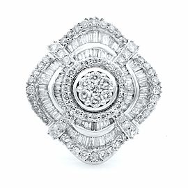 True 10K White Gold Round and Baguette Diamond Cocktail Ring 1.85ct SZ 8
