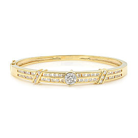True 14k Yellow Gold Channel Set Diamonds Bangle With Bazel Set Center Stone 1.95cts