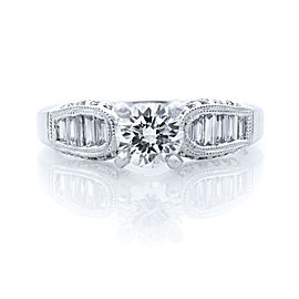 True 18K White Gold Round & Baguettes Engagement Ring 1.03 cts