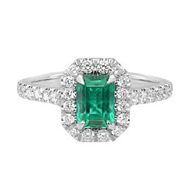 True Platinum Colombian Vivid Green 0.90Ct Emerald Diamond Halo Engagement Ring