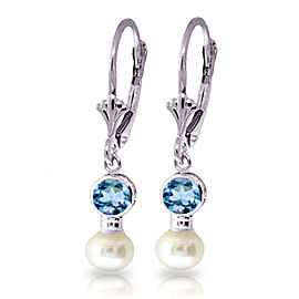 5.2 CTW 14K Solid White Gold Leverback Earrings Cultured Pearl Blue Topaz