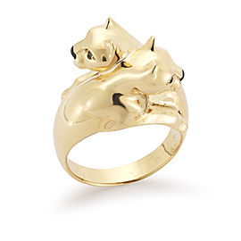 Cartier 18K Yellow Gold Double Panther Bypass Ring with Tsavorite Garnet Eyes and Onyx Noses