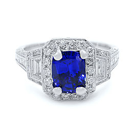 True Cushion Cut Sapphire Vintage Inspired Diamond Ring 18K White Gold
