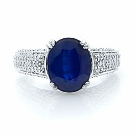 True Oval Blue Sapphire and Diamond Engagement Ring 18K White Gold Size 6