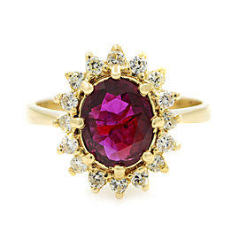 True Oval Ruby Halo Set Diamond Yellow Gold Ring 1.13ct Size 6