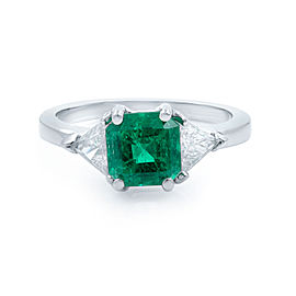True Green Emerald Three Stone Diamond Ring Platinum Size 6.25