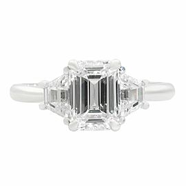 True 18k White Gold Emerald & Trapezoid Three Stone Diamond Engagement 1.96ct Ring