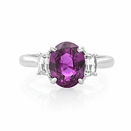 True 18K White Gold Oval Pink Sapphire and Diamond Three Stone Engagement Ring 2.61ct