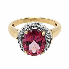 True Yellow Gold Oval Pink Tourmaline Diamond Halo Engagement Ring Size 6