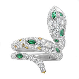 True Platinum Green Emerald White & Fancy Color Diamond Snake Ring 4.45cttw SZ 7
