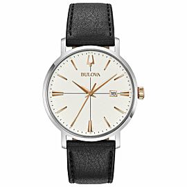 Bulova Classic Steel Black Leather Silver Dial Quartz Mens Watch 98B254