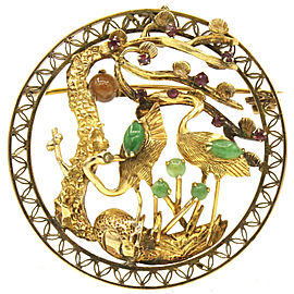 14K Yellow Gold Round Stork Jade Ruby Pendant Brooch Pin