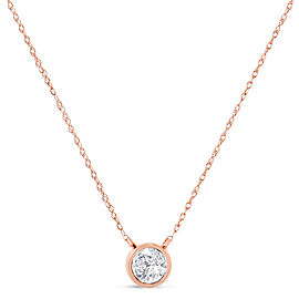 AGS Certified 10K Rose Gold 1/10 Cttw Bezel Set Round Diamond Solitaire 16-18" Adjustable Pendant Necklace (G-H Color, SI1-SI2 Clarity)