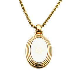Authentic Christian Dior Logo Oval Necklace Pendant Gold White Used F/S