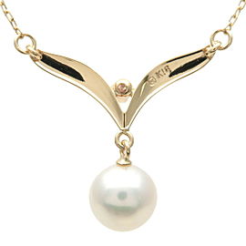 Authentic MIKIMOTO Pearl 7.3 mm Diamond Necklace K18YG 750 Yellow Gold Used F/S
