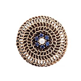 Vintage 14K Yellow Gold Dome Sapphire Pearl Pendant Brooch 15.3 Grams 34mm