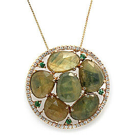 Rose Cut Sliced 11.98 CT Green Sapphire 0.40 CT Diamond 14K Yellow Gold Necklace