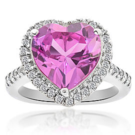 14K White Gold 5.20 Ct Heart Shaped Pink Quartz and 0.42 Ct Round Cut Diamond Cocktail Ring Size 7.25