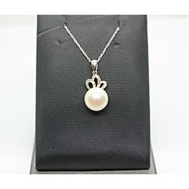 Pearl and Diamond Drop Pendant Necklace set in 10K White Gold
