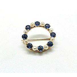 Blue Sapphire and Pearl Brooch Set in 14K Yellow Gold