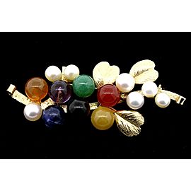 Ming's Pin Brooch Floral Branch Leaves Pearl Carnelian Amethyst Jade Multi Color