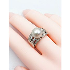 14K White Gold Round White Pearl and Diamond Ring
