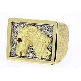 Men's Horse Diamond Ring Band Ruby Eye 3D Signet 18k Yellow Gold Heavy 23.2g 9