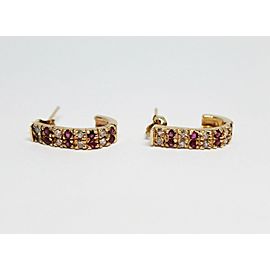 14K Yellow Gold Diamond and Red Ruby Half Huggie Earrings