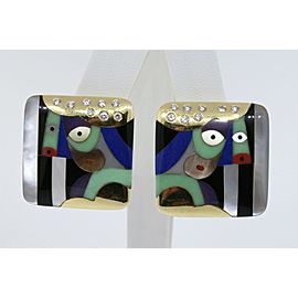 Asch Grossbardt Face 14k Earrings Diamond Opal Mother Pearl Inlay Large Square
