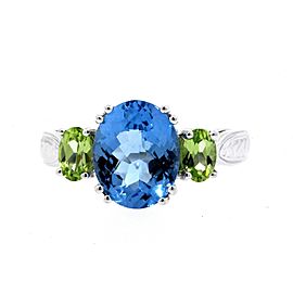 Effy BH Ring Oval Blue Topaz Peridot sides 3 Stone 14k White Gold sz 7.25