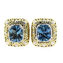 John Hardy Earrings 18k Gold Blue Topaz Cushion Cut Omega Back